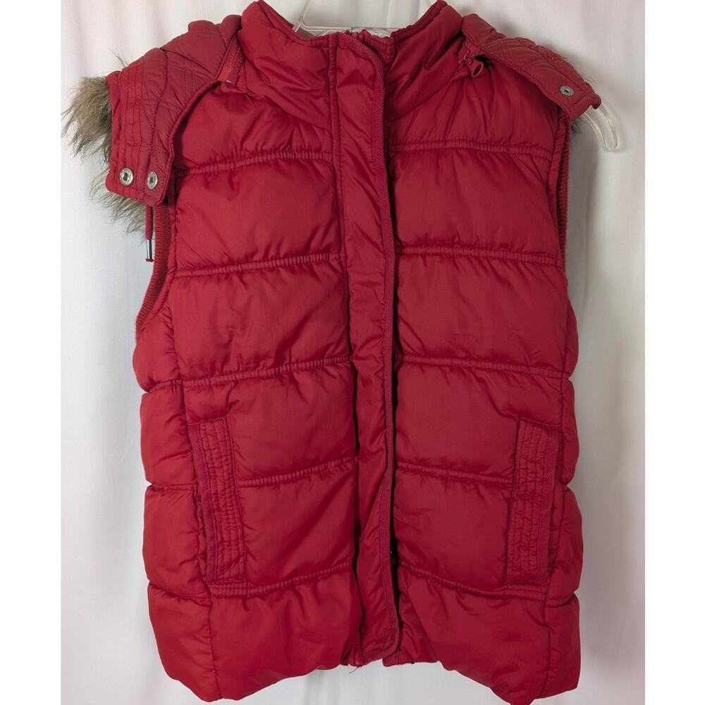 Aeropostale Puffer Vest Women's Large Red Removable Hood Faux Fur Trim Quilted